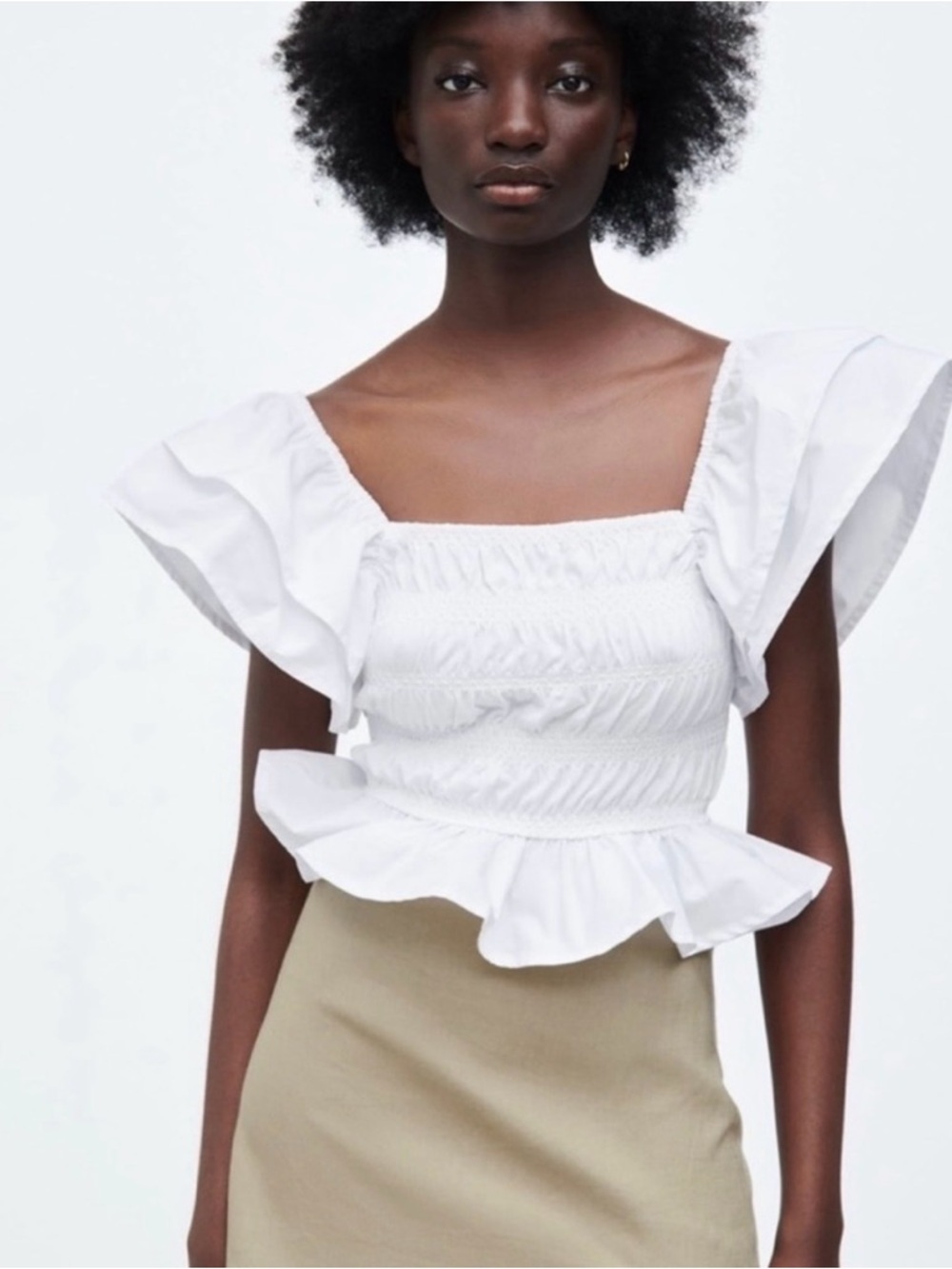 Zara White Ruffled Square-Neck Smocked Peplum Top